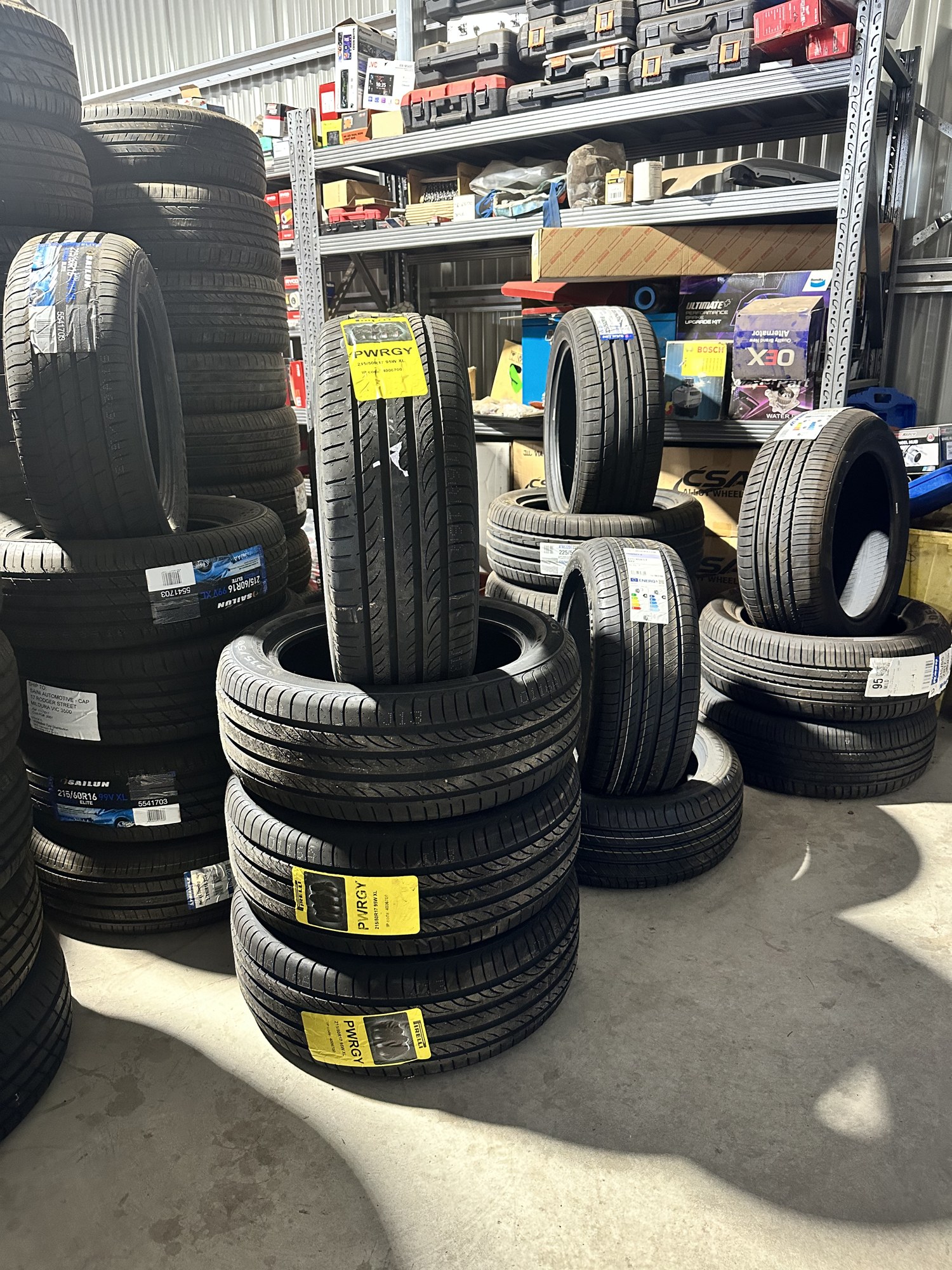 Tyres stocked and ready for fitting at Cleretec Automotive